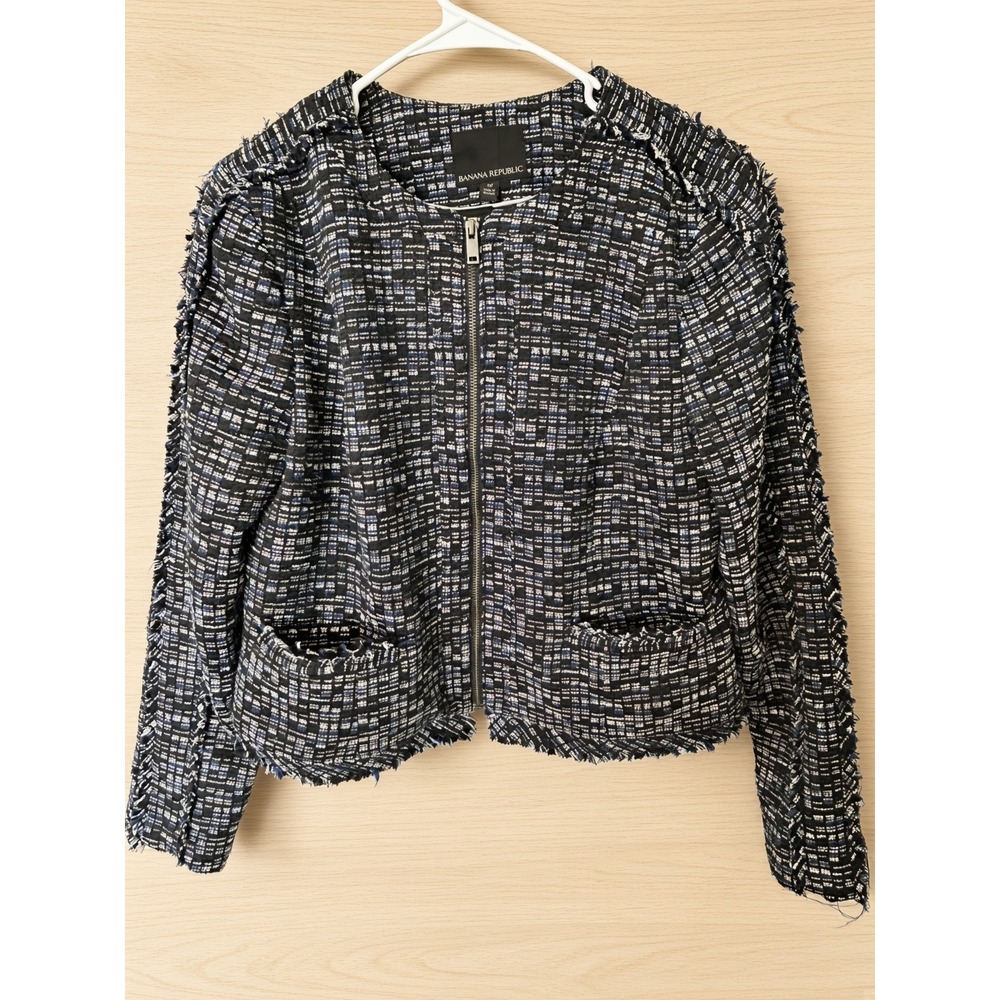 Banana Republic Navy Blue Tweed Fringe Zip Front Cropped Blazer Jacket Womens 12